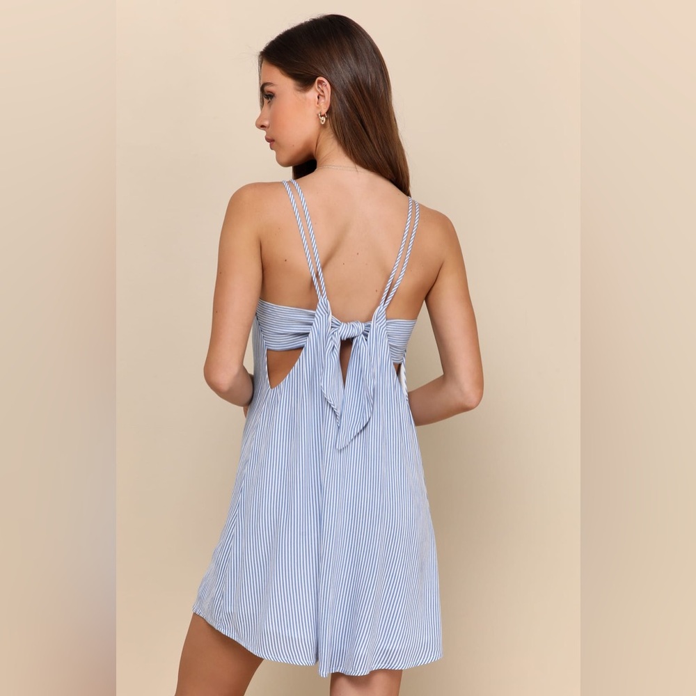 Lulus Adrift Blue Striped Tie-Back Mini Swing Dress XS